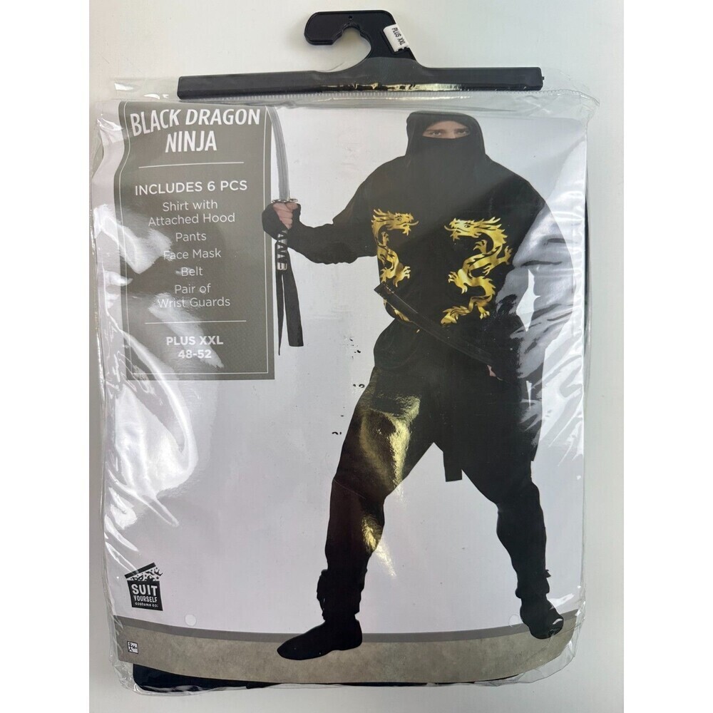 Black Dragon Ninja Costume 6 PCS Shirt Hood Pants Face Mask Belt Plus XXL 48-52